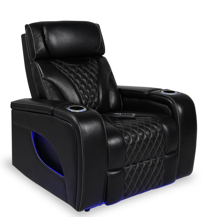 Elite 38\" Genuine Leather Massage Power Reclining Chair with Power Headrest and Storage Armrests - Black