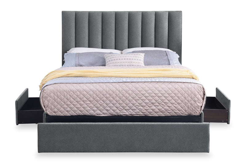 Amos Upholstered Storage Bed in Charcoal Fabric with Channelled Headboard & 3 Built-in Drawers - Queen Size