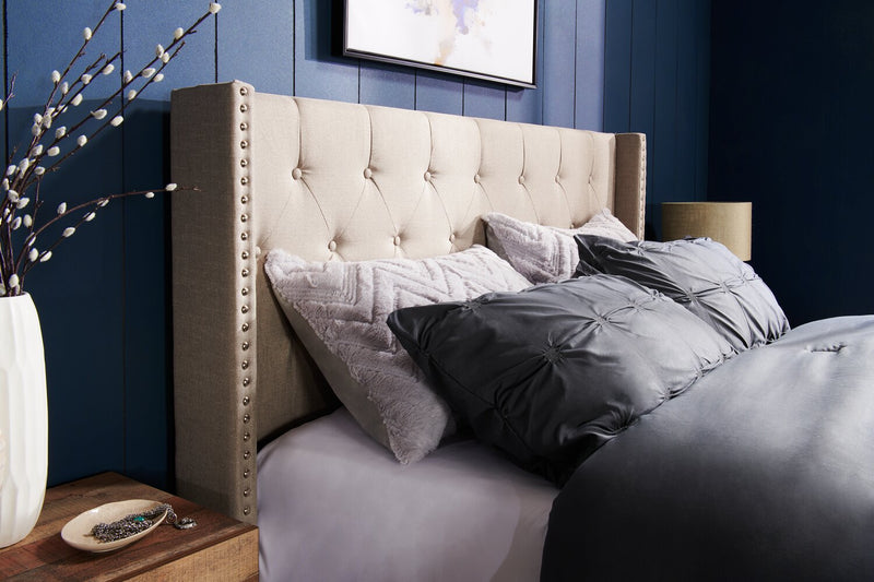 Brady Upholstered Wingback Bed in Light Grey Fabric with Nailhead Design, Button Tufted - King Size