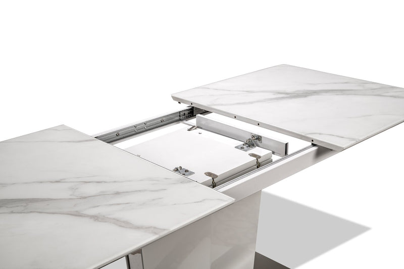 Naya Dining Table, 63-78.75\"W Self-Storing Butterfly Leaf, Metal, Glass, Faux Marble – White