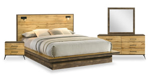 Silas 6pc Bedroom Set with Platform Bed, Dresser, Mirror & Nightstand, LED, Rustic Brown - Queen Size