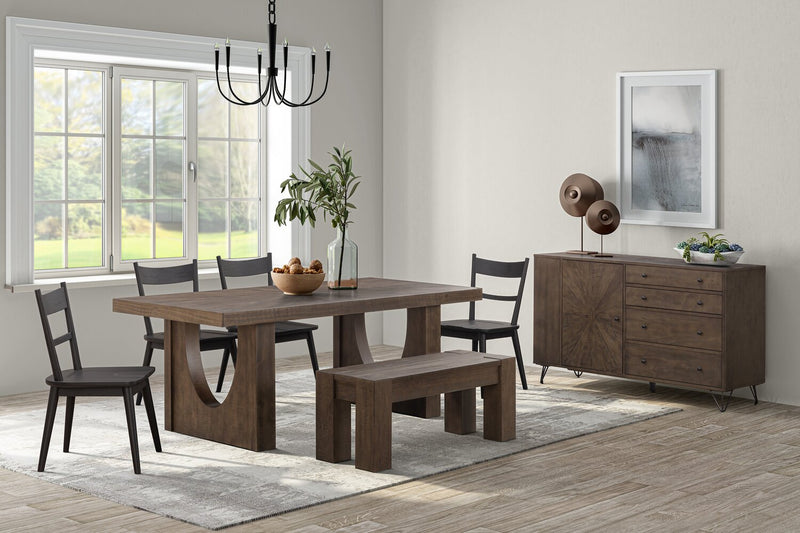 Kort & Co. Sol 6pc Dining Set with Table, Bench & 4 Chairs, Pedestal Base, 78\"W - Black & Brown