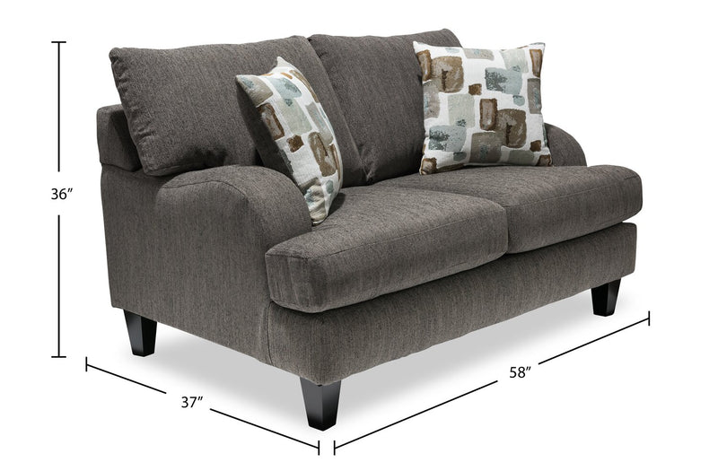 Made in Canada Nofia 58\" Chenille Fabric Loveseat with Two Accent Pillows and Wood Legs - Charcoal Grey
