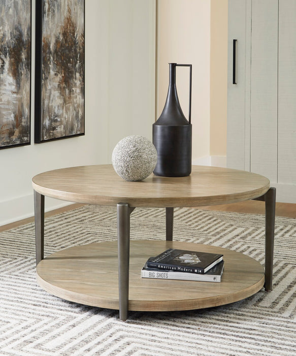 Lloyd 43” Modern Round Coffee Table with Shelf & Casters - Grey Brown