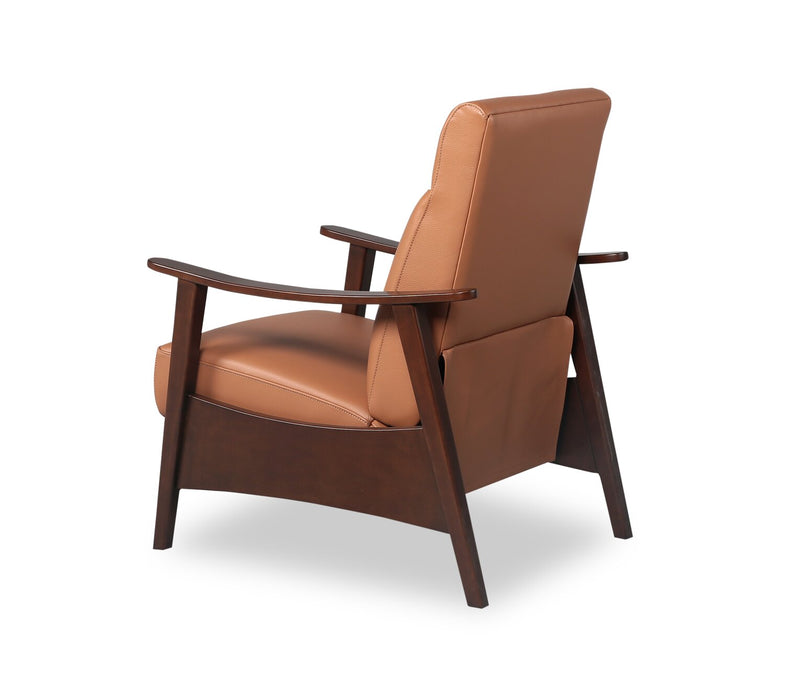Aydin 27.5\" Genuine Leather Pushback Reclining Accent Chair with Wood Armrests and Legs - Camel Orange