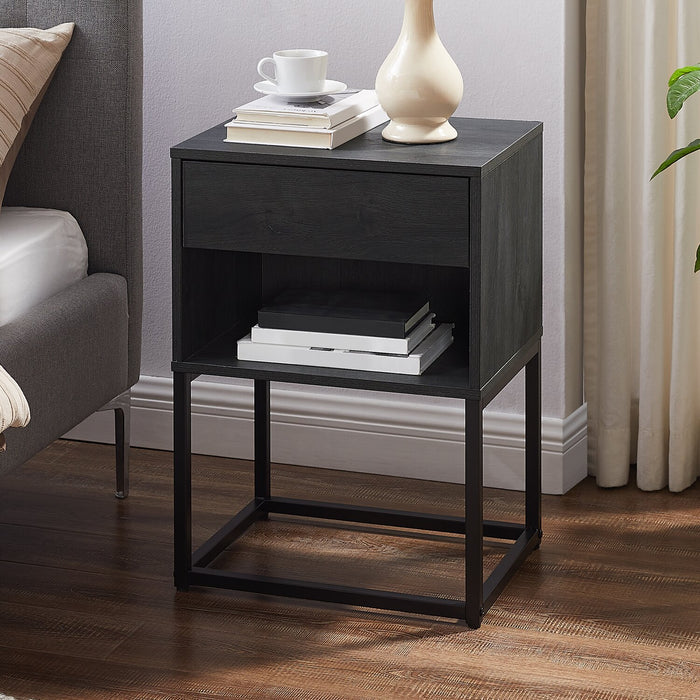 Fynn Bedside 1-Drawer Nightstand with Storage Shelf, 18\"W x 25.75\"H - Brown/Black
