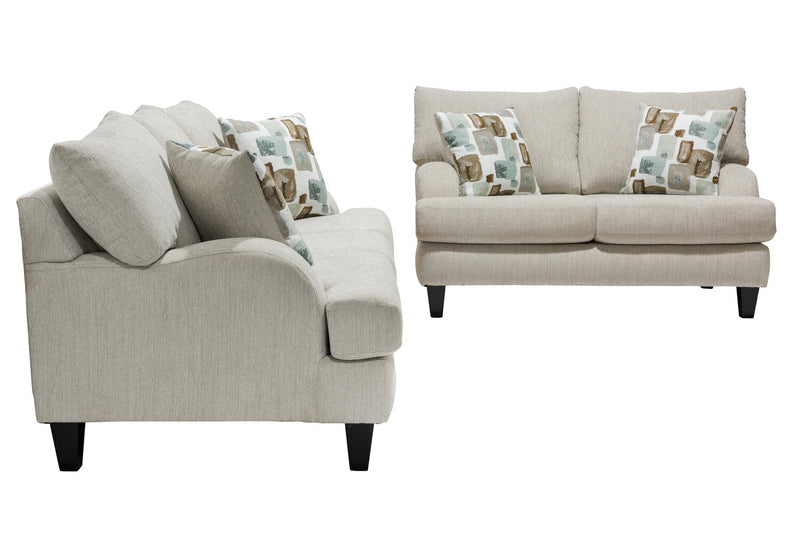 Made in Canada Nofia 58\" Chenille Fabric Loveseat with Two Accent Pillows and Wood Legs - Linen Beige