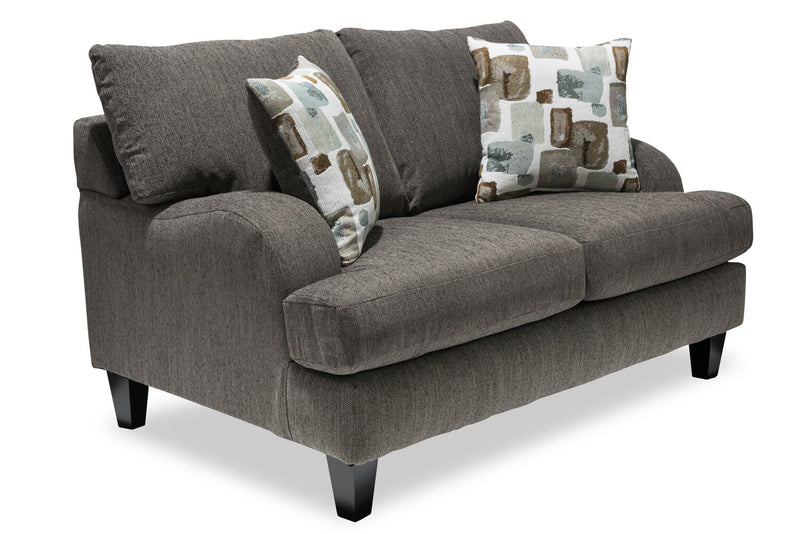 Made in Canada Nofia 58\" Chenille Fabric Loveseat with Two Accent Pillows and Wood Legs - Charcoal Grey