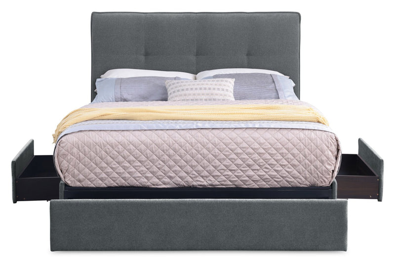 Amos Upholstered Storage Bed Base in Charcoal Fabric with 3 Built-in Drawers  - Queen Size