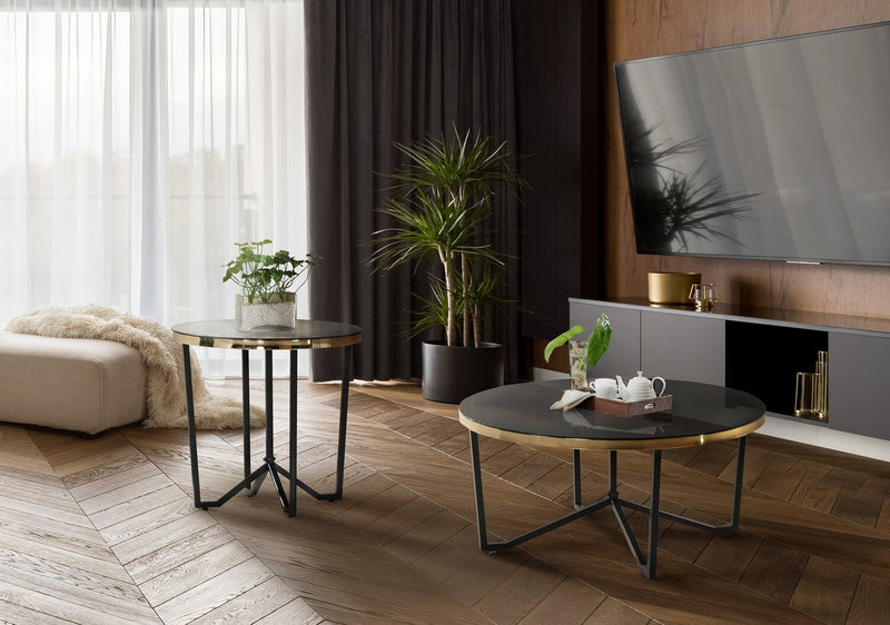 Xander 36\" Modern Round Glass Top Coffee Table - Black and Gold with Metal Legs