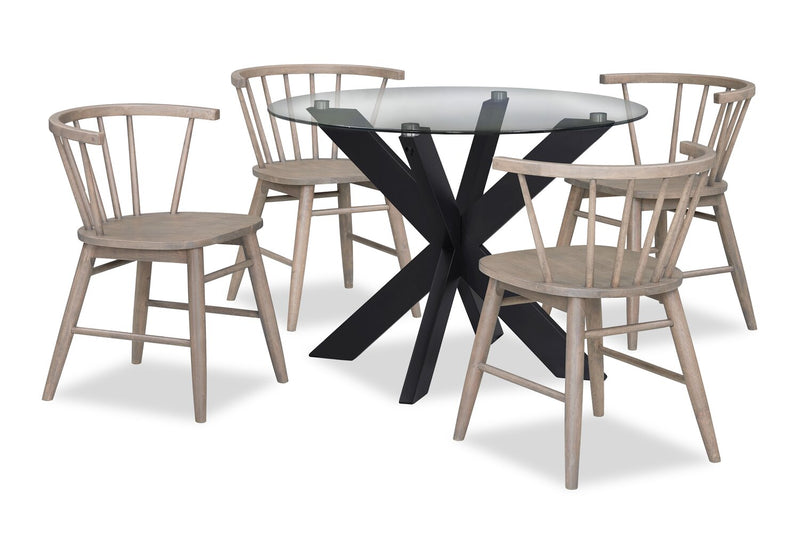 Remi Dining Table with Glass Top & Wood Geometric Base, 42\"W Round - Black