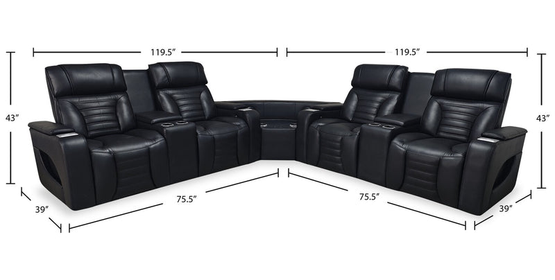 Zen 3-Piece Leather-Look Fabric Power Reclining Sectional with Massage and Two Refrigerator Consoles - Black