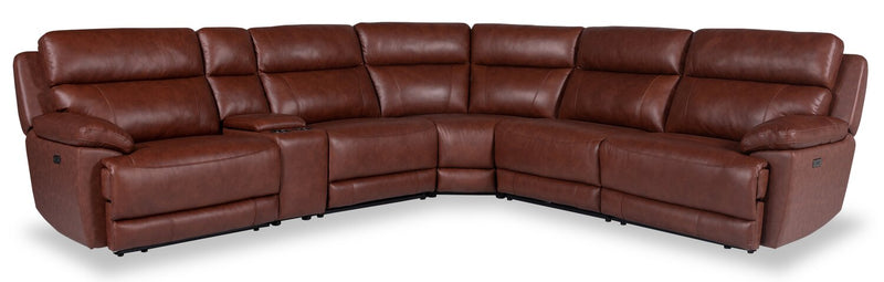 Sorrento 6-Piece Genuine Leather Power Reclining Sectional with Storage Console and USB Port - Madrid Brick Brown