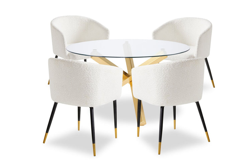 Gem 5pc Dining Set with Table & 4 Chairs, Glass Top & Metal Base, 55\"W Round - Gold & White