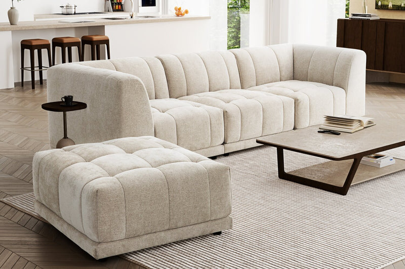 Kort & Co. Oaklyn Modular 4-Piece Fabric Sectional with Ottoman and Tufted Seat Cushions - Beige