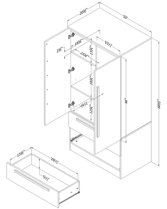 Alex Bedroom 2-Drawer Chest with Storage Cabinet, 33\"W x 68.5\"H - White