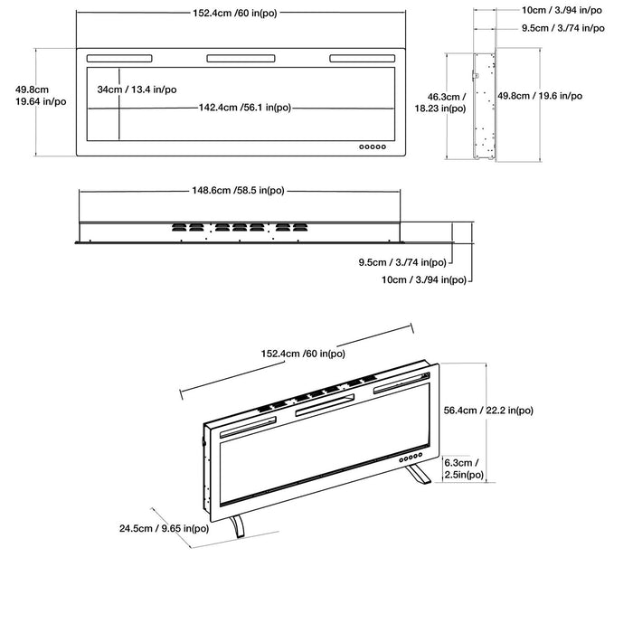 Mirage 60\" Modern Electric Free Standing Wall Mountable Fireplace - Black