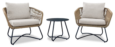 Sicily 3-Piece Outdoor Patio Conversation Set with 2 Chairs & Round Metal End Table - Resin Wicker, UV & Weather Resistant - Natural/Black | Ensemble de conversation Sicily 3 pièces pour la terrasse à l’extérieur avec 2 fauteuils et table