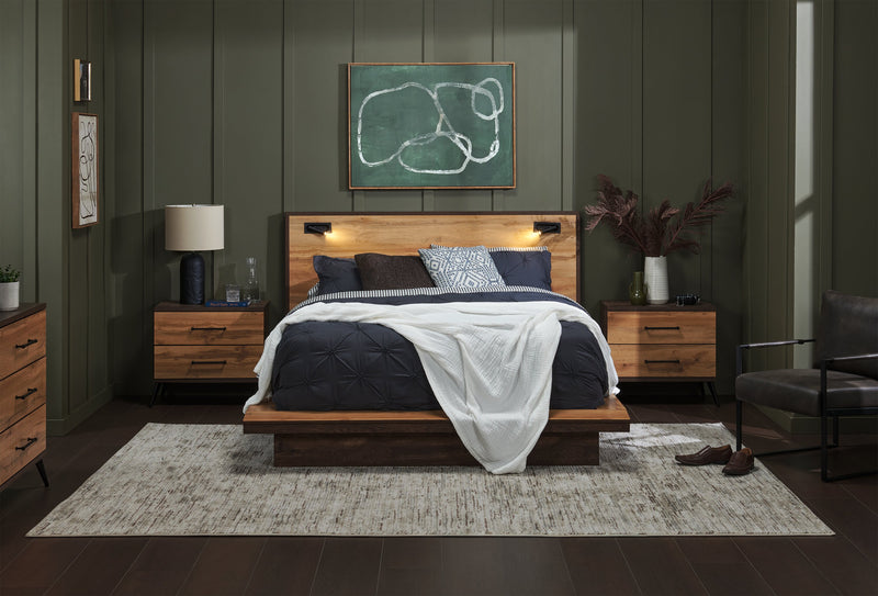 Silas Platform Bed with Headboard & Frame, LED, Rustic Brown - Queen Size