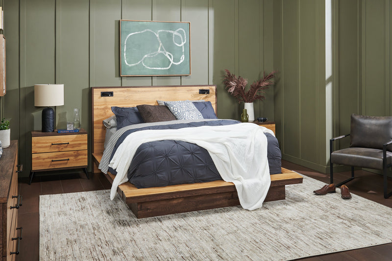 Silas Platform Bed with Headboard & Frame, LED, Rustic Brown - Queen Size
