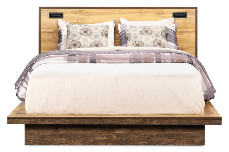 Silas Platform Bed with Headboard & Frame, LED, Rustic Brown - Queen Size