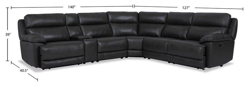 Sorrento 6-Piece Genuine Leather Power Reclining Sectional with Storage Console and USB Port - Charcoal Grey