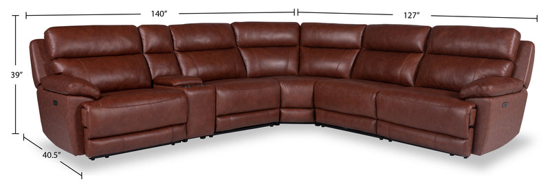 Sorrento 6-Piece Genuine Leather Power Reclining Sectional with Storage Console and USB Port - Madrid Brick Brown
