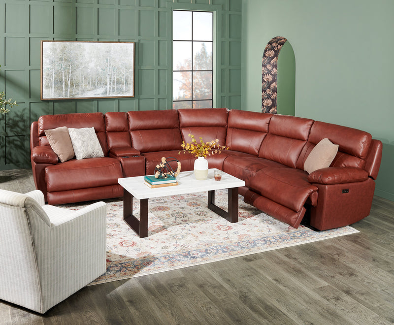 Sorrento 6-Piece Genuine Leather Power Reclining Sectional with Storage Console and USB Port - Madrid Brick Brown