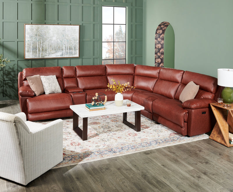 Sorrento 6-Piece Genuine Leather Power Reclining Sectional with Storage Console and USB Port - Madrid Brick Brown