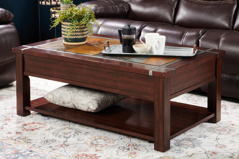Roanoke 50\" Rustic Lift Top Coffee Table with Storage and Shelf - Dark Cherry Wood and Slate Inlay