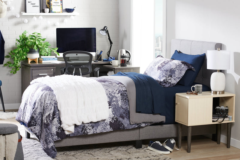 Tara Upholstered Bed in Grey Linen-Look Fabric, Button Tufted - Twin Size