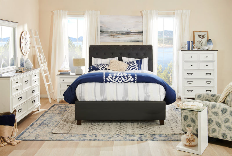 Tulsa Upholstered Platform Bed in Grey Vegan-Leather Fabric, Button Tufted - King Size