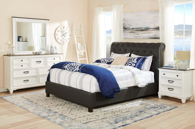 Tulsa Upholstered Platform Bed in Grey Vegan-Leather Fabric, Button Tufted - Full Size