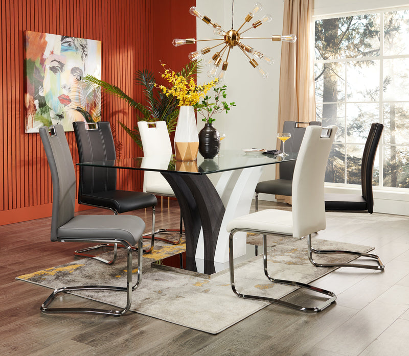 Tuxedo Dining Table with Glass Top, Pedestal Base, 72\"W - Grey & White