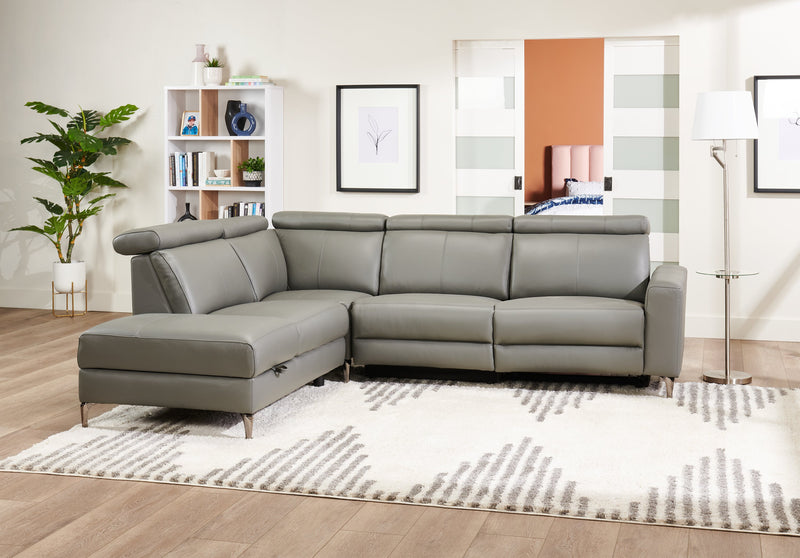 Valentino 3-Piece Left-Facing Genuine Leather Power Reclining Sectional with Adjustable Headrests - Grey