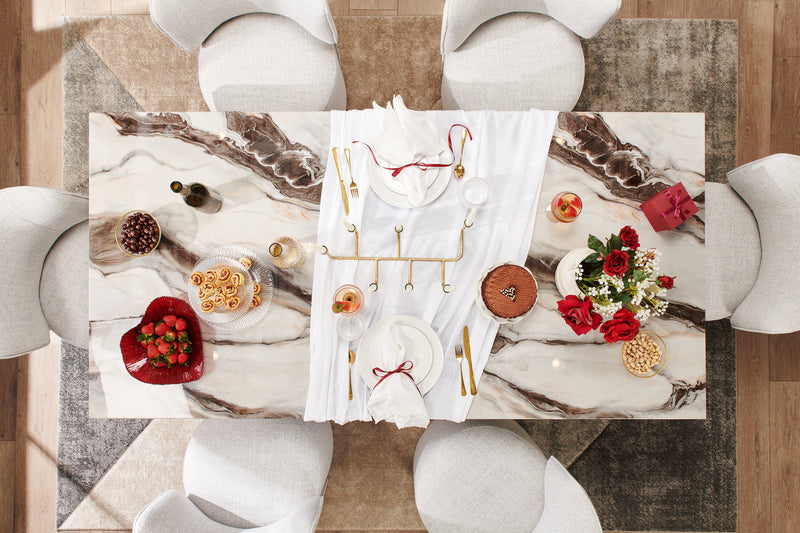 Vega Dining Table, Marble Look, Pedestal Base, 82\"W - Black & White