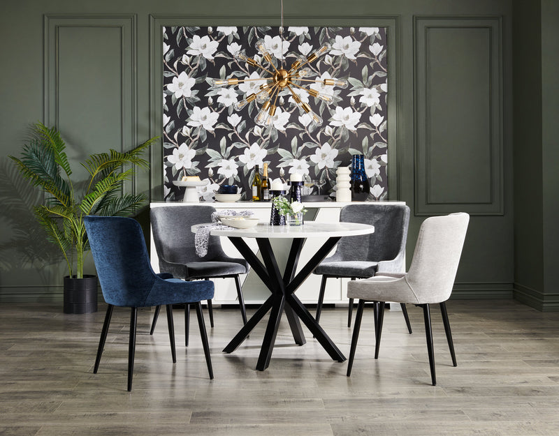 Verona Dining Table with Culture Marbled Top, Metal, Geometric Base, 42\"W Round - White