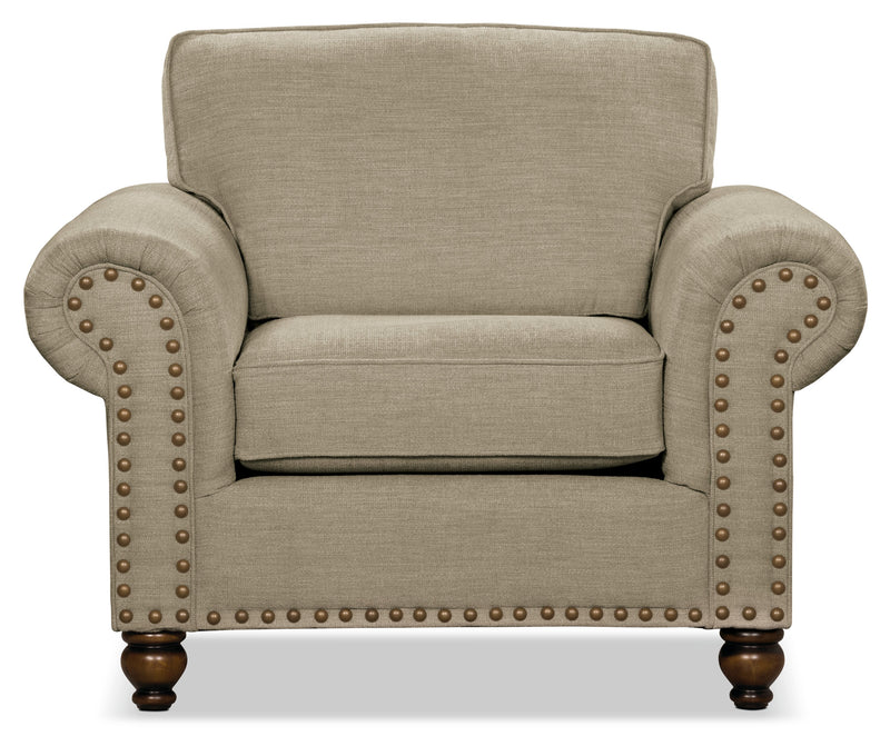 Made in Canada Wynn 47\" Chenille Fabric Chair with Nailhead Trim and Wood Bun Legs - Taupe