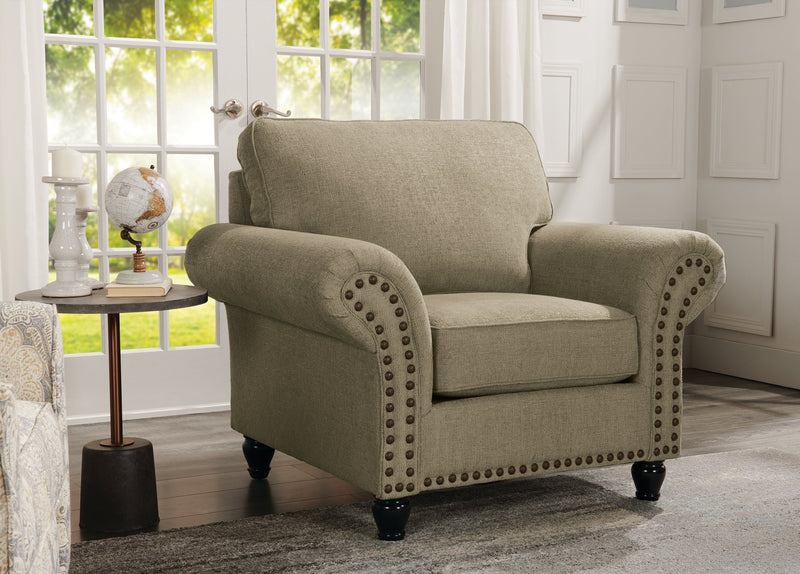 Made in Canada Wynn 47\" Chenille Fabric Chair with Nailhead Trim and Wood Bun Legs - Taupe