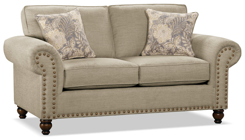 Made in Canada Wynn 70\" Chenille Fabric Loveseat with Nailhead Trim and Wood Bun Legs - Taupe