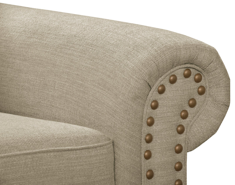 Made in Canada Wynn 70\" Chenille Fabric Loveseat with Nailhead Trim and Wood Bun Legs - Taupe