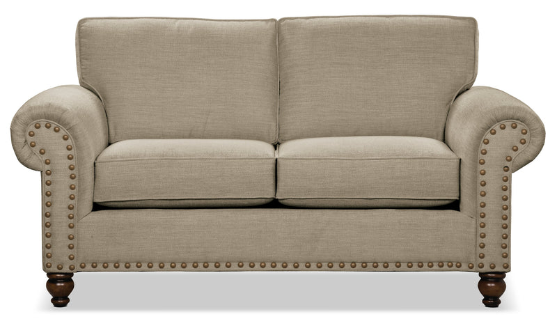 Made in Canada Wynn 70\" Chenille Fabric Loveseat with Nailhead Trim and Wood Bun Legs - Taupe