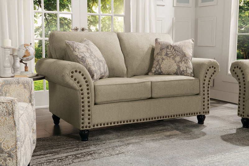 Made in Canada Wynn 70\" Chenille Fabric Loveseat with Nailhead Trim and Wood Bun Legs - Taupe