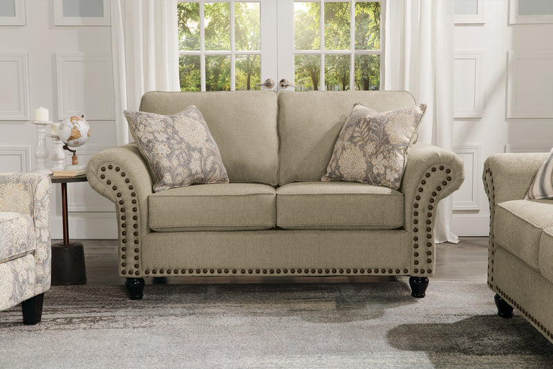 Made in Canada Wynn 70\" Chenille Fabric Loveseat with Nailhead Trim and Wood Bun Legs - Taupe