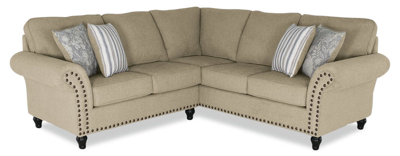 Made in Canada Wynn 2-Piece Chenille Fabric Sectional with Nailhead Trim and Wood Bun Legs - Taupe