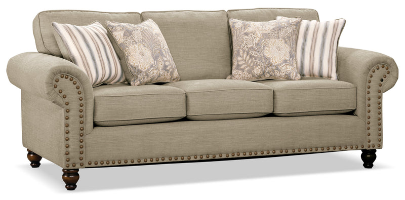 Made in Canada Wynn 93\" Chenille Fabric Sofa with Nailhead Trim and Wood Bun Legs - Taupe