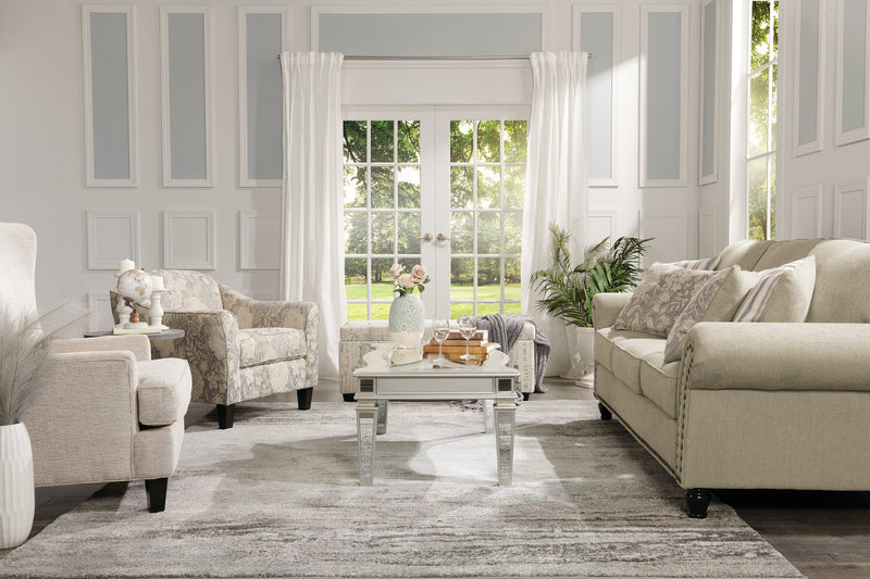 Made in Canada Wynn 93\" Chenille Fabric Sofa with Nailhead Trim and Wood Bun Legs - Taupe