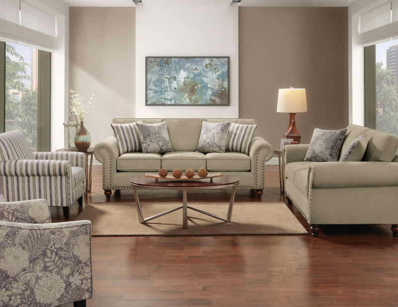 Made in Canada Wynn 93\" Chenille Fabric Sofa with Nailhead Trim and Wood Bun Legs - Taupe