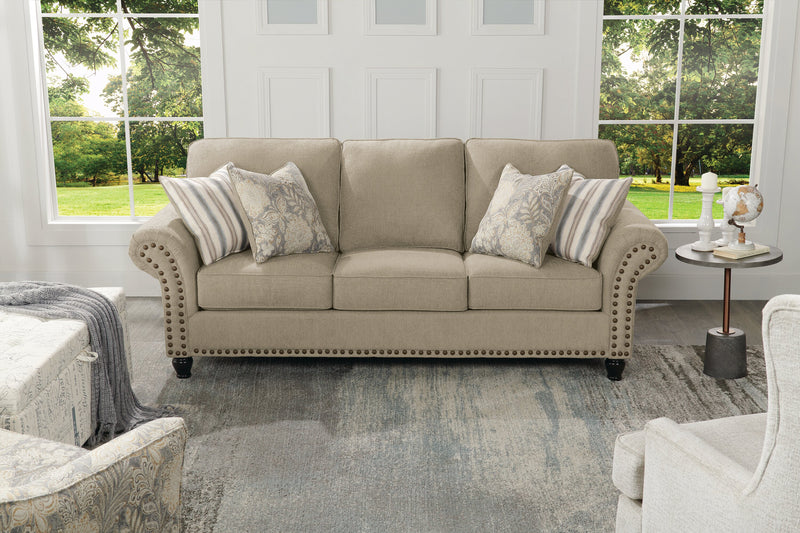 Made in Canada Wynn 93\" Chenille Fabric Sofa with Nailhead Trim and Wood Bun Legs - Taupe
