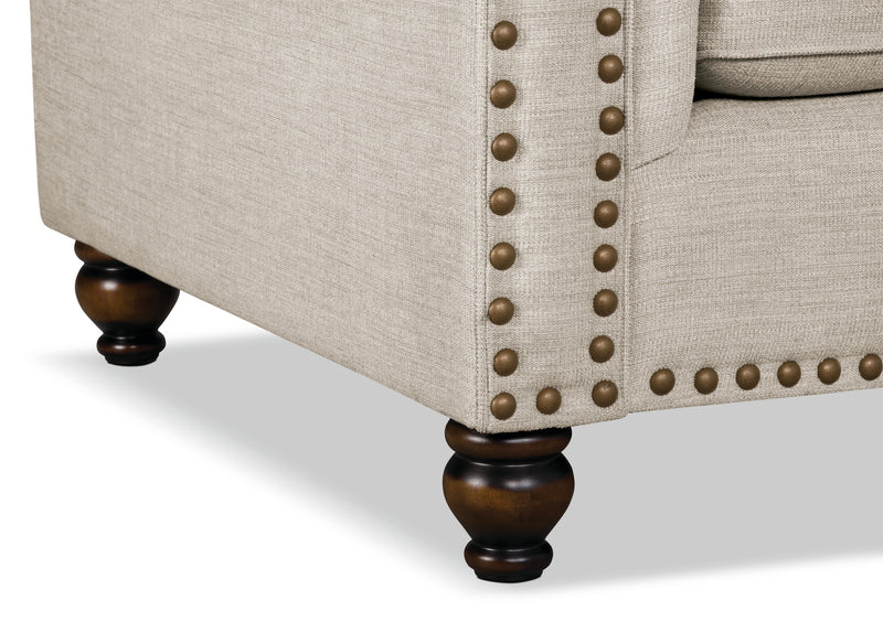 Made in Canada Wynn 47\" Chenille Fabric Chair with Nailhead Trim and Wood Bun Legs - Linen Beige